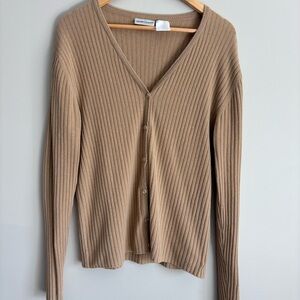 Vintage Tan Ribbed V-Neck Women's Sweater